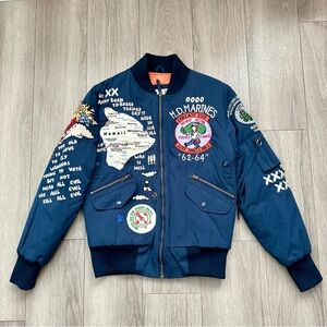 The Madness Embroidered Patchwork Puffer Bomber Flight Jacket Navy